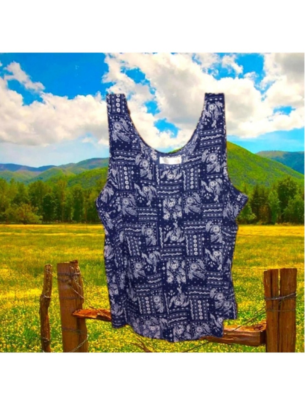 Blue and white paisley tank top 

Time and Tru Dark Blue and White Bandana Print